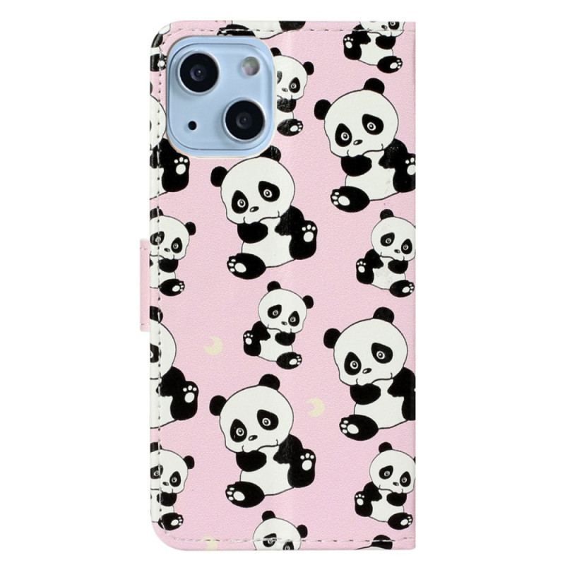 Flip Cover iPhone 15 Med Snor Små Pandaer Med Rem