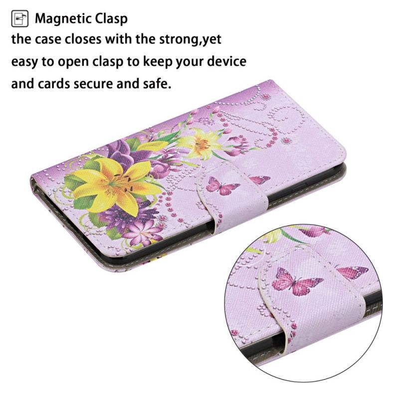 Flip Cover iPhone 15 Med Snor Sommerfugle Og Blomster Med Rem