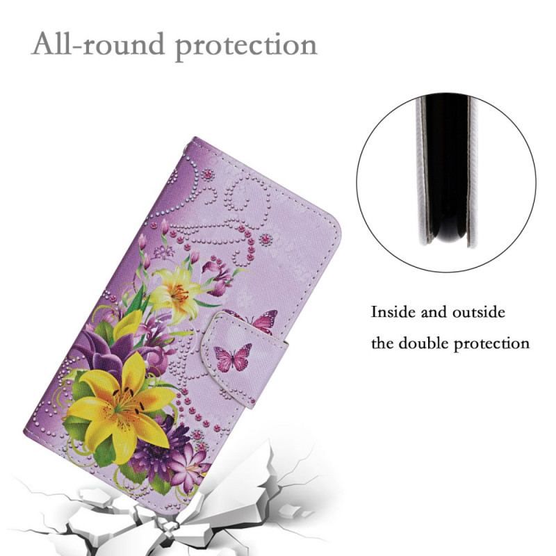 Flip Cover iPhone 15 Med Snor Sommerfugle Og Blomster Med Rem