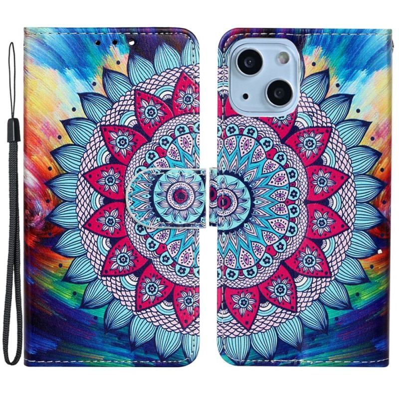 Flip Cover iPhone 15 Plus Med Snor Farverig Mandala Med Rem