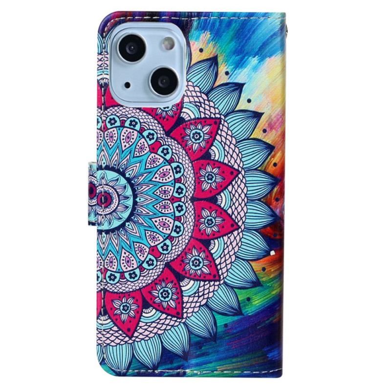 Flip Cover iPhone 15 Plus Med Snor Farverig Mandala Med Rem