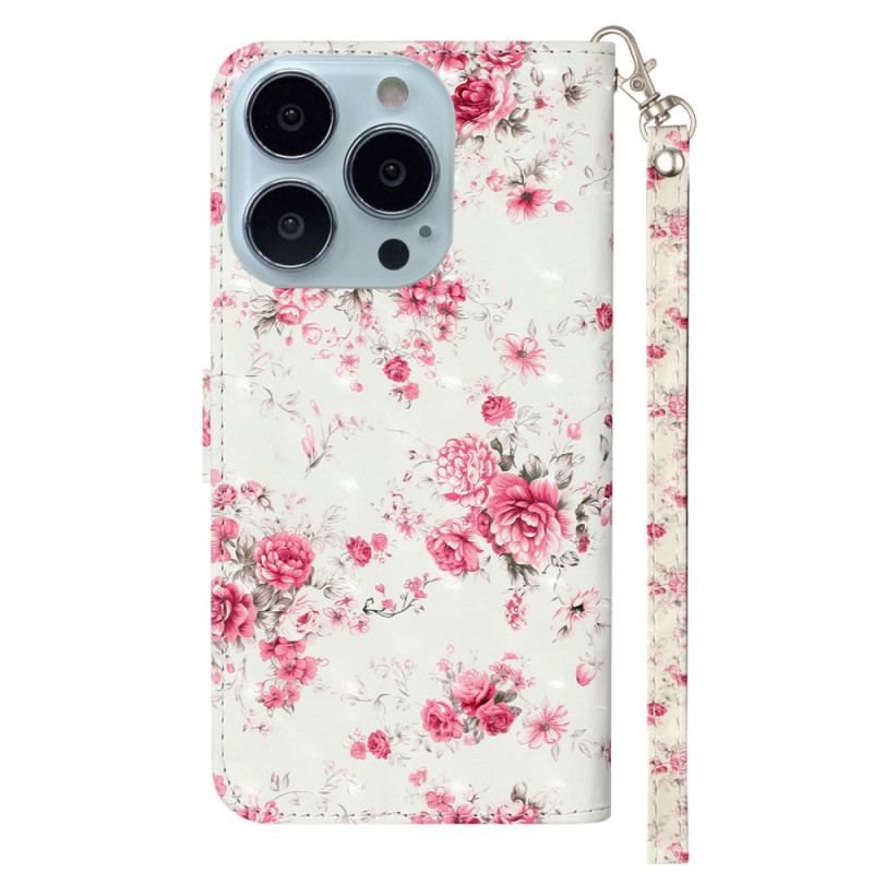 Flip Cover iPhone 15 Pro Max Med Snor 3d Blomster Med Rem