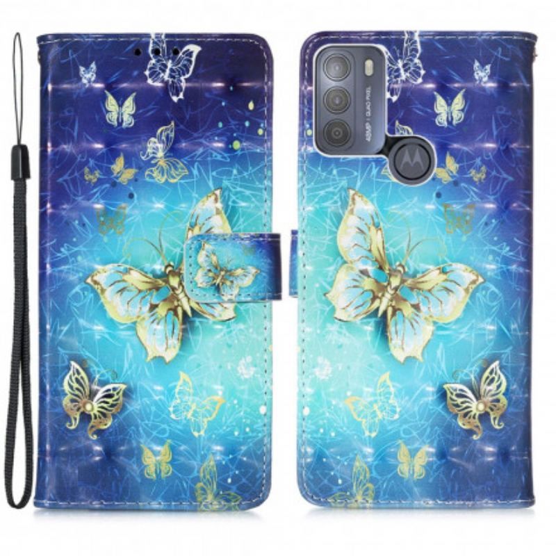 Flip Cover Moto G50 Golden Butterflies Lanyard