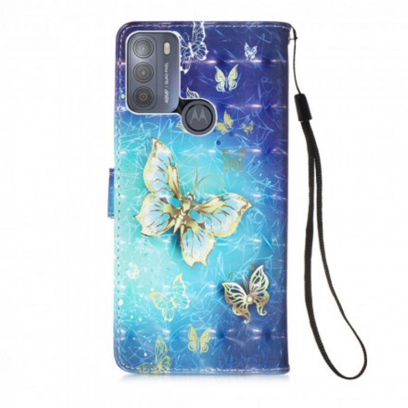 Flip Cover Moto G50 Golden Butterflies Lanyard