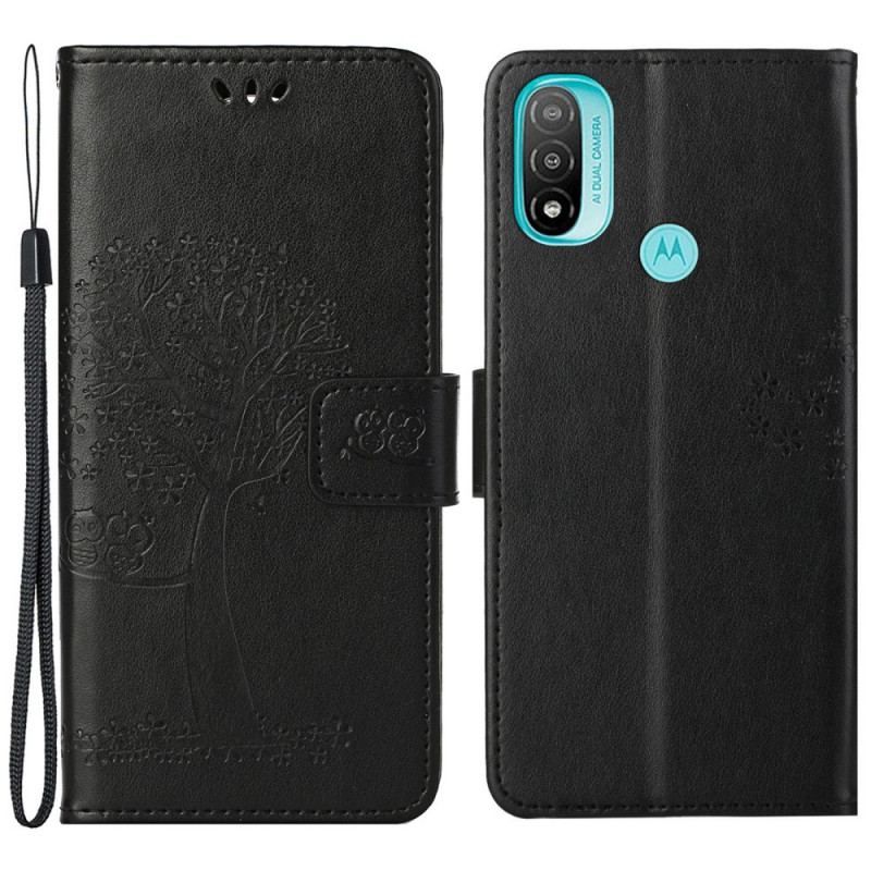 Flip Cover Moto G71 5G Med Snor Thong Træ Og Ugler