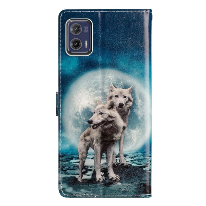 Flip Cover Moto G73 5G Med Snor Strapped Moonlit Wolves