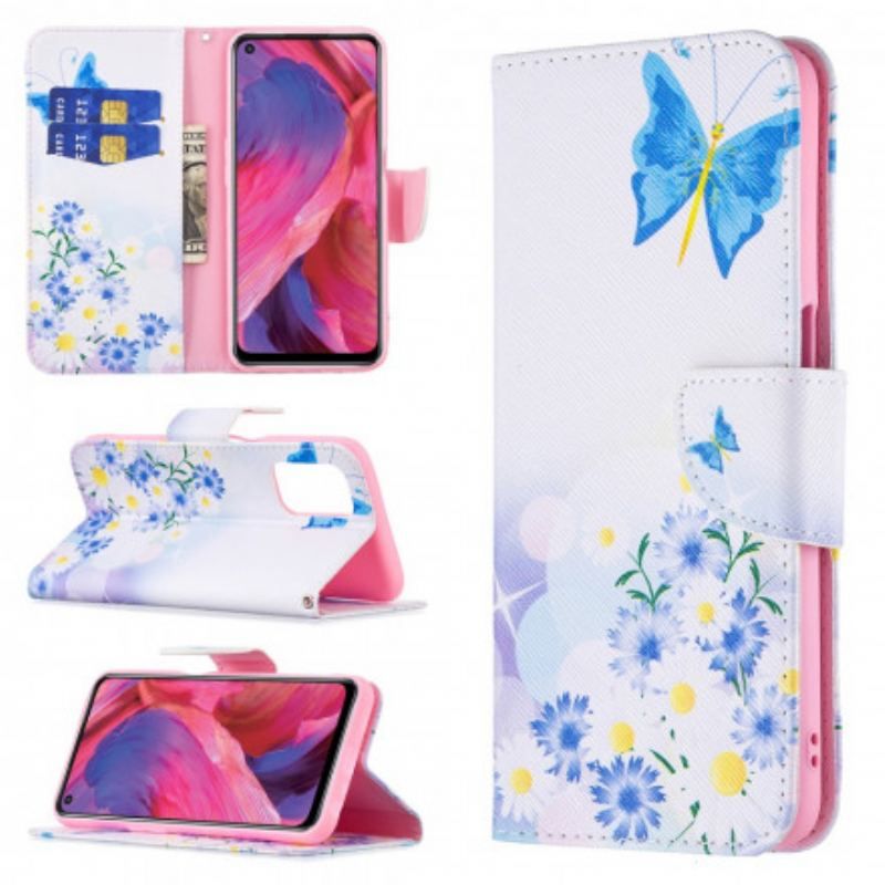 Flip Cover Oppo A54 5G / A74 5G Malede Sommerfugle Og Blomster