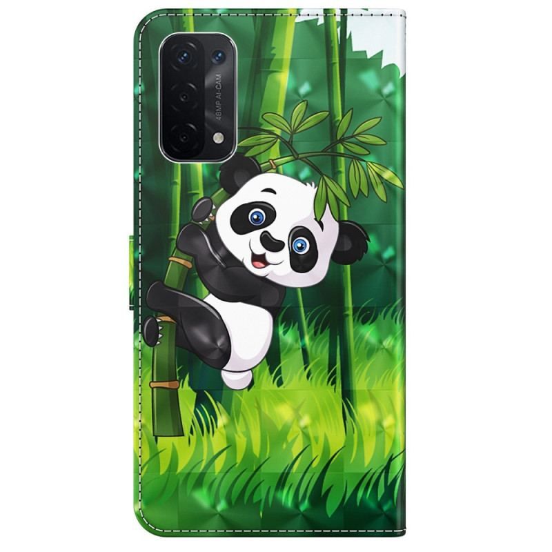 Flip Cover Oppo A54 5G / A74 5G Med Snor Panda Og Bambus Med Snor