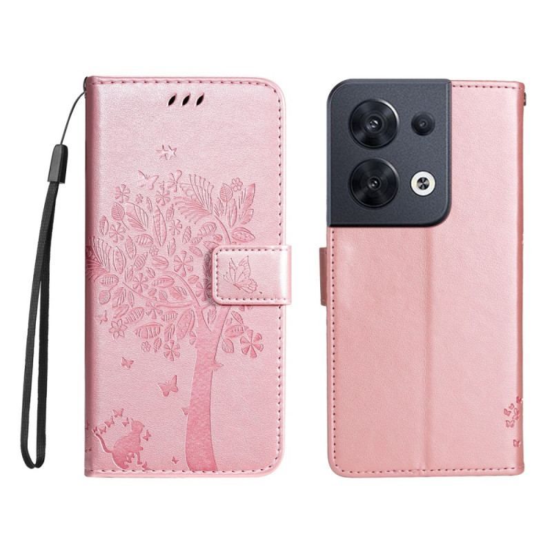 Flip Cover Oppo Reno 8 Med Snor Træ Og Strappy Kat