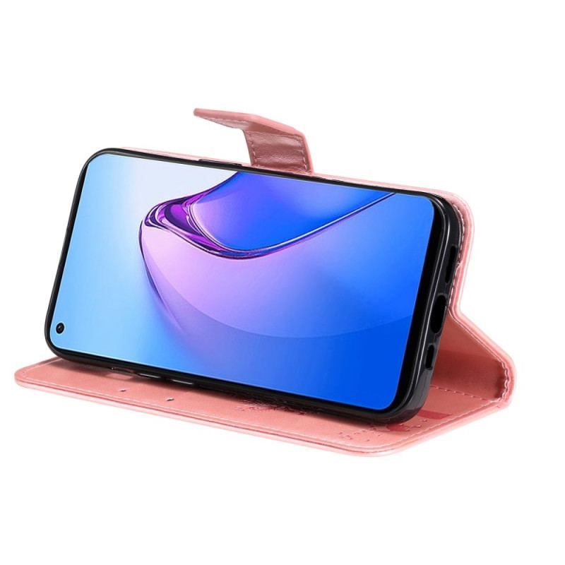 Flip Cover Oppo Reno 8 Med Snor Træ Og Strappy Kat