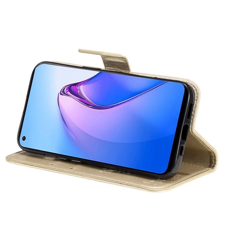 Flip Cover Oppo Reno 8 Med Snor Træ Og Strappy Kat