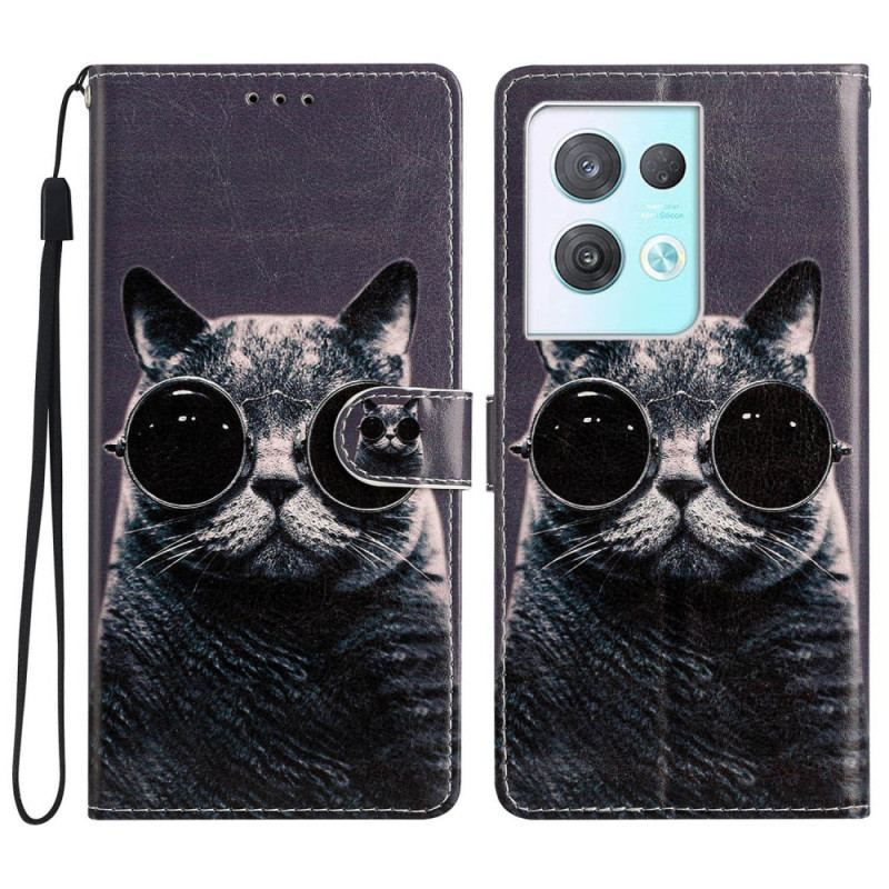 Flip Cover Oppo Reno 8 Pro Med Snor Cat Strappy Briller