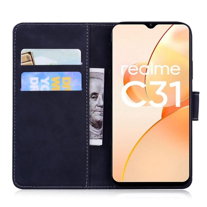 Flip Cover Realme C31 Sommerfugl I Imiteret Læder