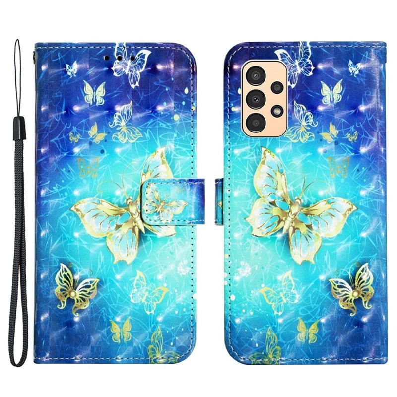 Flip Cover Samsung Galaxy A13 Med Snor Sommerfugleflyvning I Lanyard