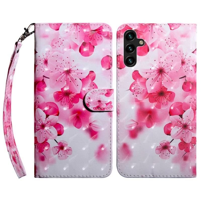 Flip Cover Samsung Galaxy A14 / A14 5G Med Snor Strappy Lyserøde Blomster