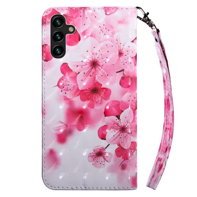 Flip Cover Samsung Galaxy A14 / A14 5G Med Snor Strappy Lyserøde Blomster