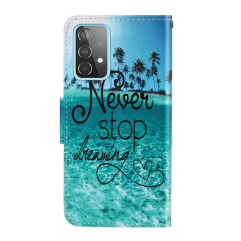 Flip Cover Samsung Galaxy A52 4G / A52 5G / A52s 5G Med Snor Stop Aldrig Med At Drømme Navy Strappy