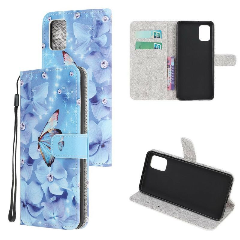 Flip Cover Samsung Galaxy A52 4G / A52 5G / A52s 5G Med Snor Strappy Diamond Sommerfugle