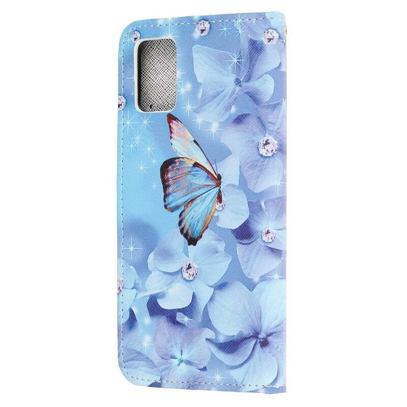 Flip Cover Samsung Galaxy A52 4G / A52 5G / A52s 5G Med Snor Strappy Diamond Sommerfugle