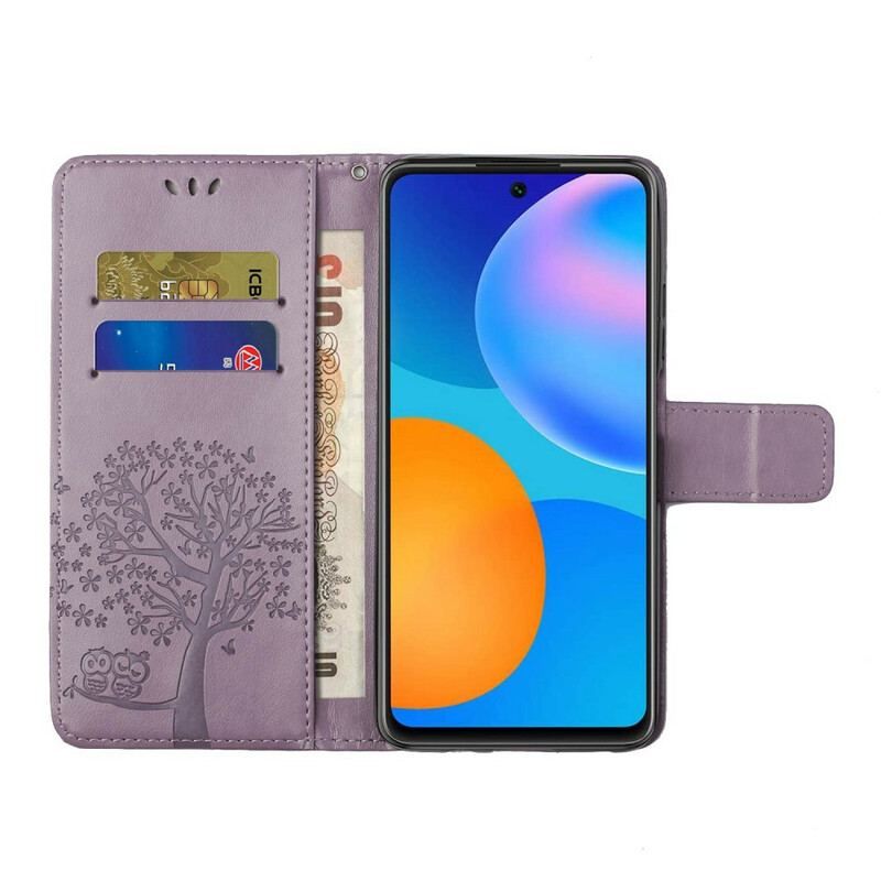 Flip Cover Samsung Galaxy A52 4G / A52 5G / A52s 5G Med Snor Thong Træ Og Ugler