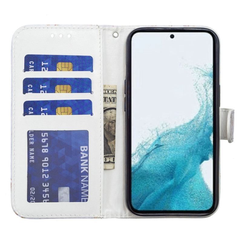 Flip Cover Samsung Galaxy A54 5G Med Snor Gyldne Sommerfugle Med Rem