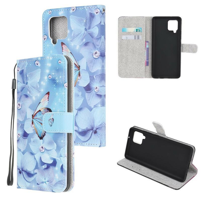 Flip Cover Samsung Galaxy M12 / A12 Med Snor Strappy Diamond Sommerfugle