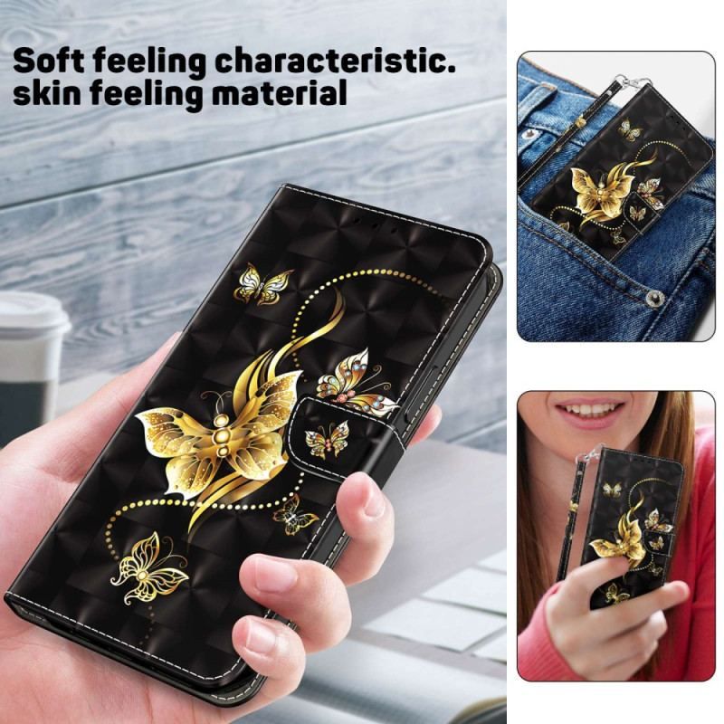 Flip Cover Samsung Galaxy S23 5G Med Snor Butterflies Guldrem