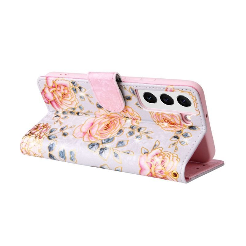 Flip Cover Samsung Galaxy S23 5G Rfid-blomster Med Snor