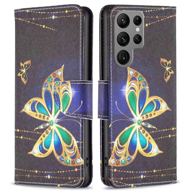 Flip Cover Samsung Galaxy S23 Ultra 5G Gylden Sommerfugl