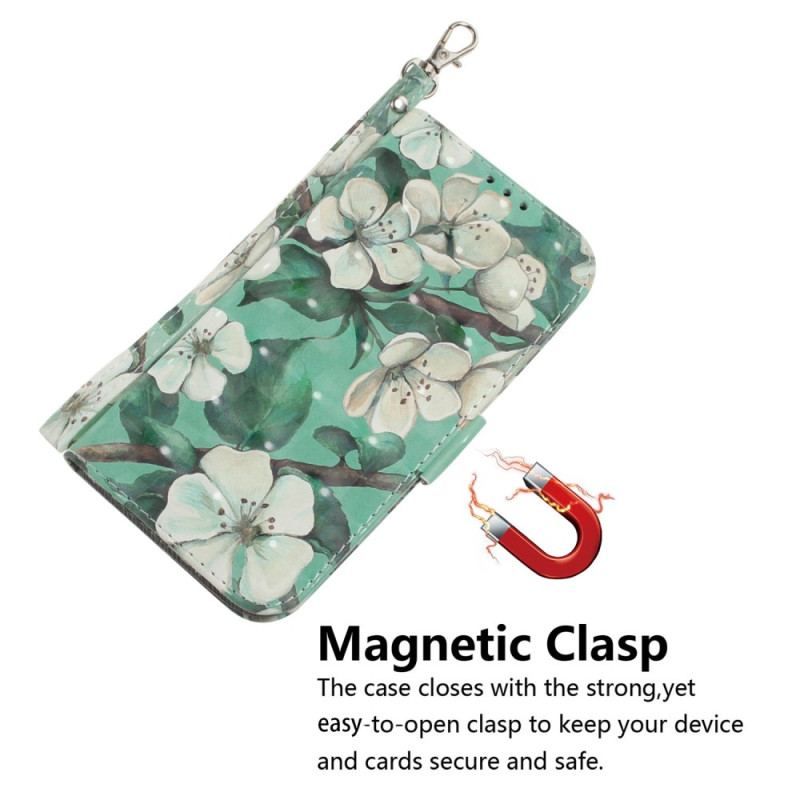 Flip Cover Samsung Galaxy S23 Ultra 5G Med Snor Strappy Hvide Blomster