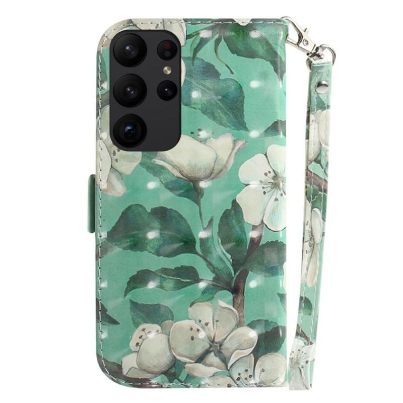 Flip Cover Samsung Galaxy S23 Ultra 5G Med Snor Strappy Hvide Blomster