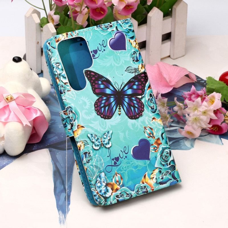 Flip Cover Samsung Galaxy S23 Ultra 5G Med Snor Thong Sommerfugle