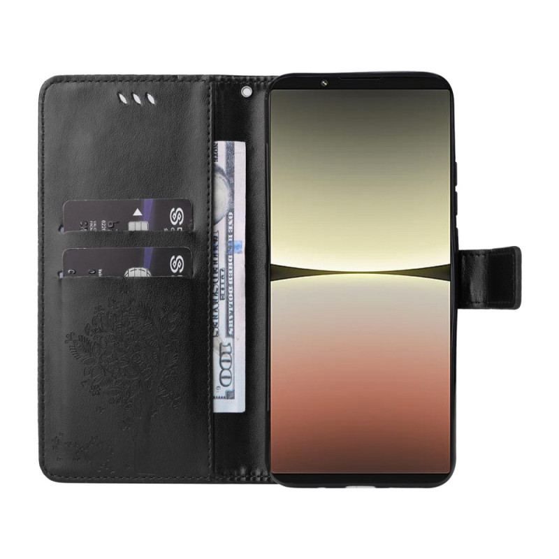 Flip Cover Sony Xperia 5 IV Med Snor Træ Og Strappy Kat