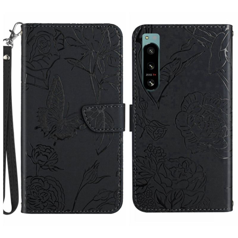 Flip Cover Sony Xperia 5 IV Sommerfugle Med Snor