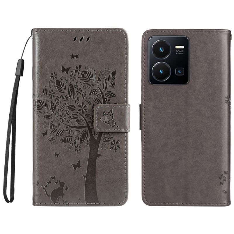 Flip Cover Vivo Y22s Med Snor Træ Og Strappy Kat