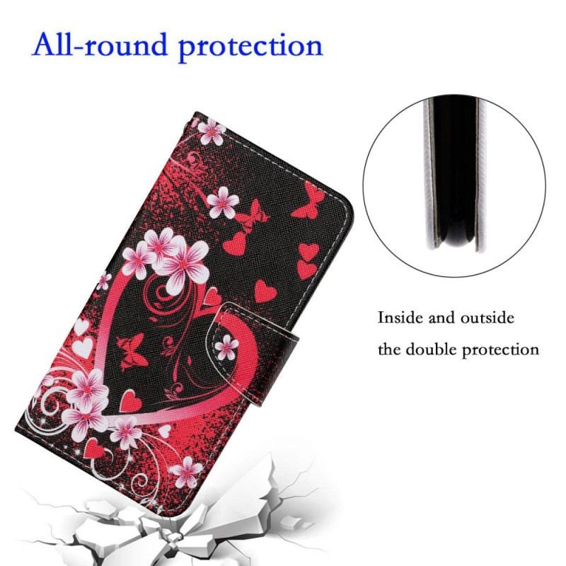 Flip Cover Xiaomi 12T / 12T Pro Blomster Og Hjerter Med Snor