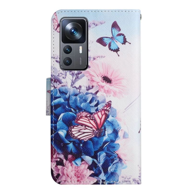 Flip Cover Xiaomi 12T / 12T Pro Blomstersommerfugle Med Snor