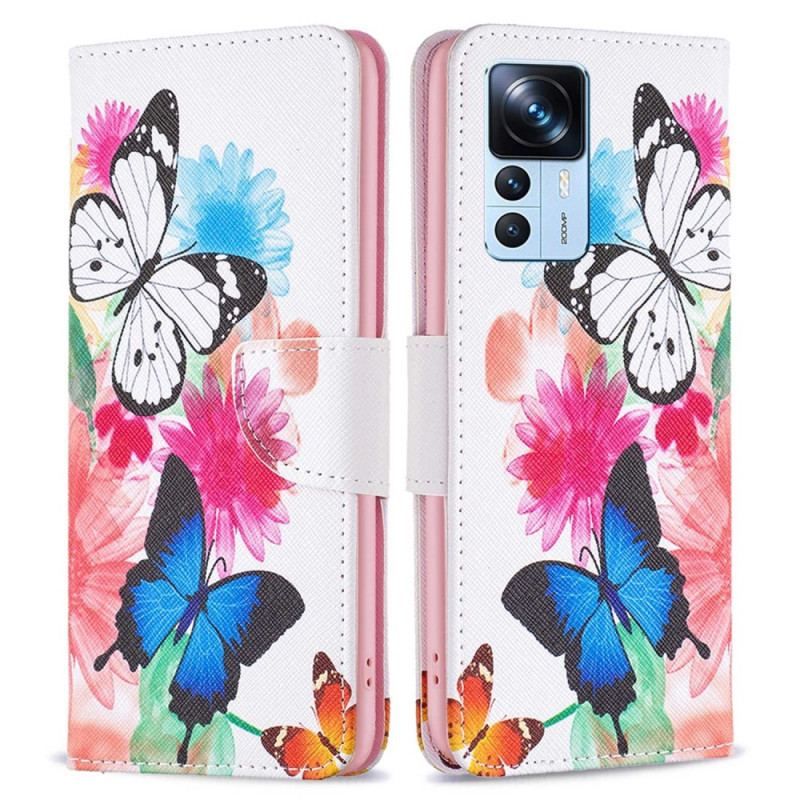 Flip Cover Xiaomi 12T / 12T Pro Malede Sommerfugle Og Blomster