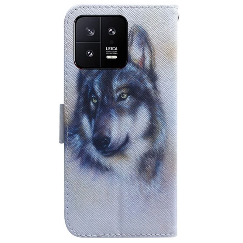 Flip Cover Xiaomi 13 Med Snor Strappy Aquarel Wolf