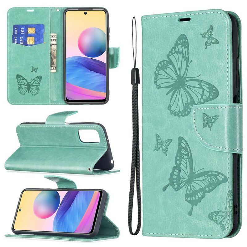 Flip Cover Xiaomi Redmi Note 10 5G Med Snor Sommerfugle Trykt Strappy