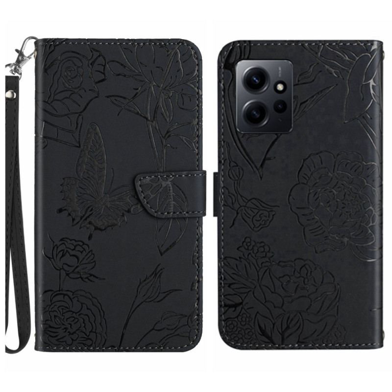 Flip Cover Xiaomi Redmi Note 12 4G Sommerfugle Og Snor