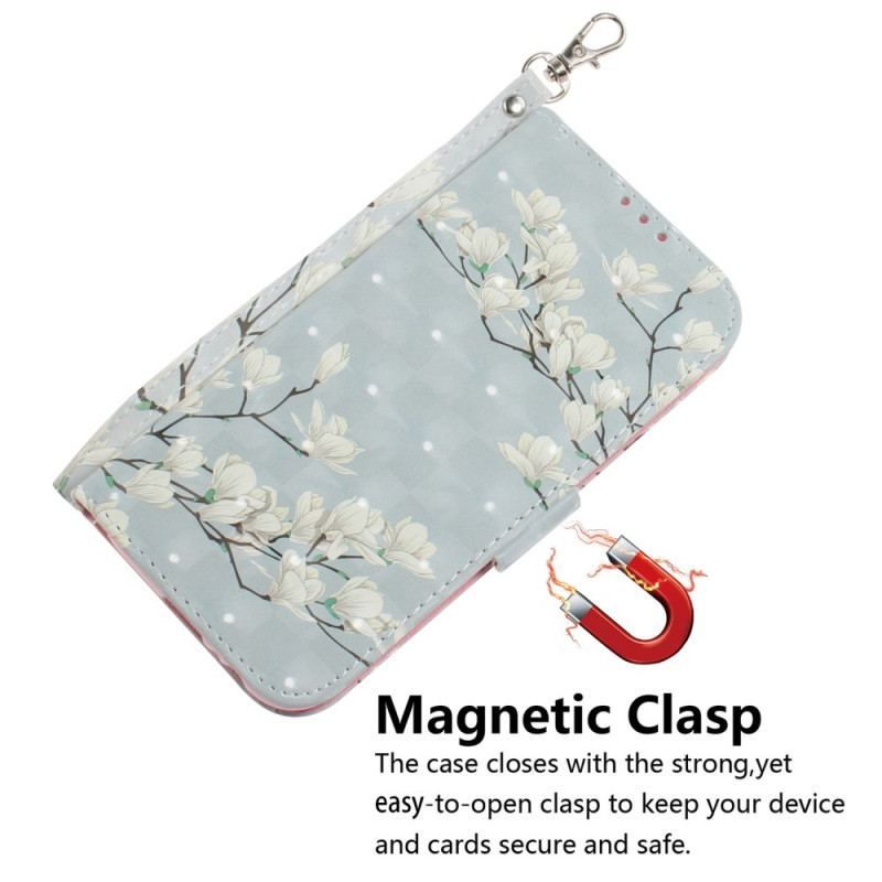 Flip Cover Xiaomi Redmi Note 12 5G Med Snor Strappy Hvide Blomster