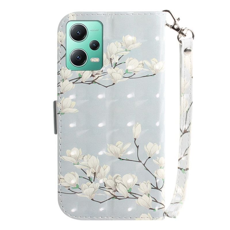 Flip Cover Xiaomi Redmi Note 12 5G Med Snor Strappy Hvide Blomster