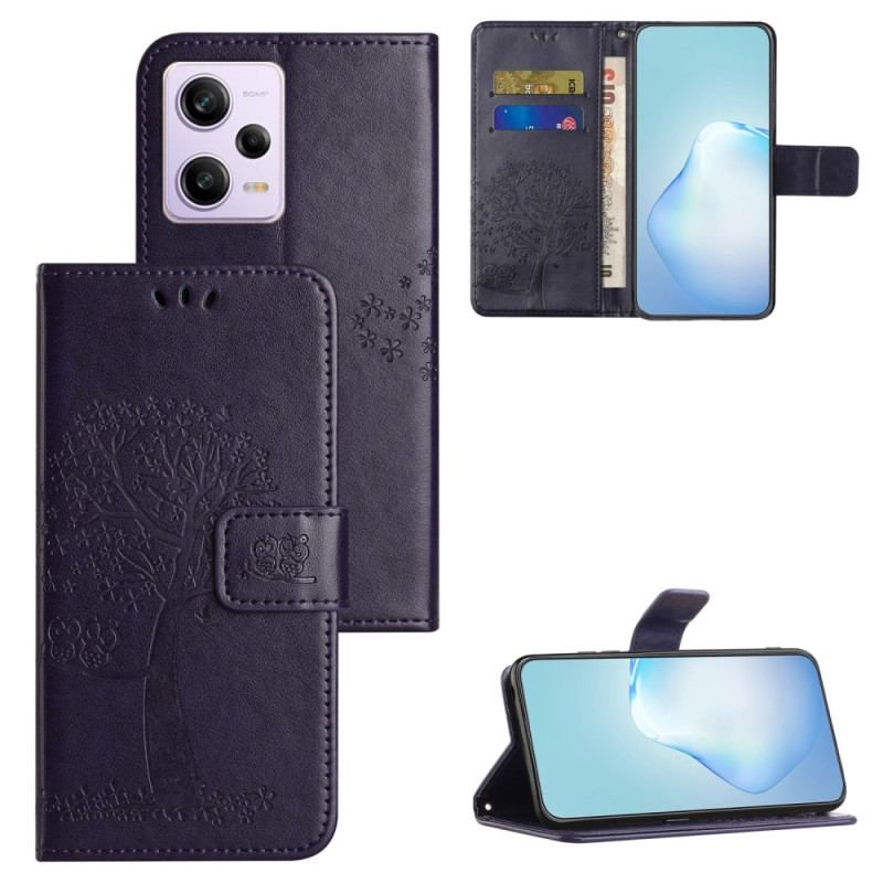 Flip Cover Xiaomi Redmi Note 12 5G Med Snor Thong Træ Og Ugler