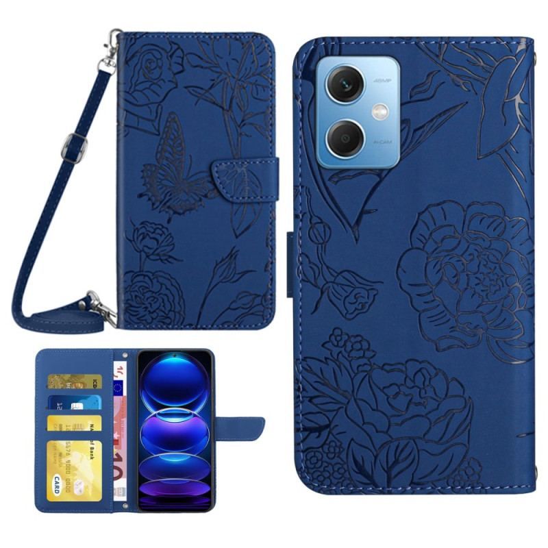 Flip Cover Xiaomi Redmi Note 12 5G Sommerfugle Og Skulderrem