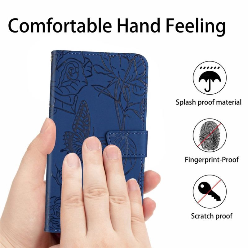 Flip Cover Xiaomi Redmi Note 12 5G Sommerfugle Og Skulderrem