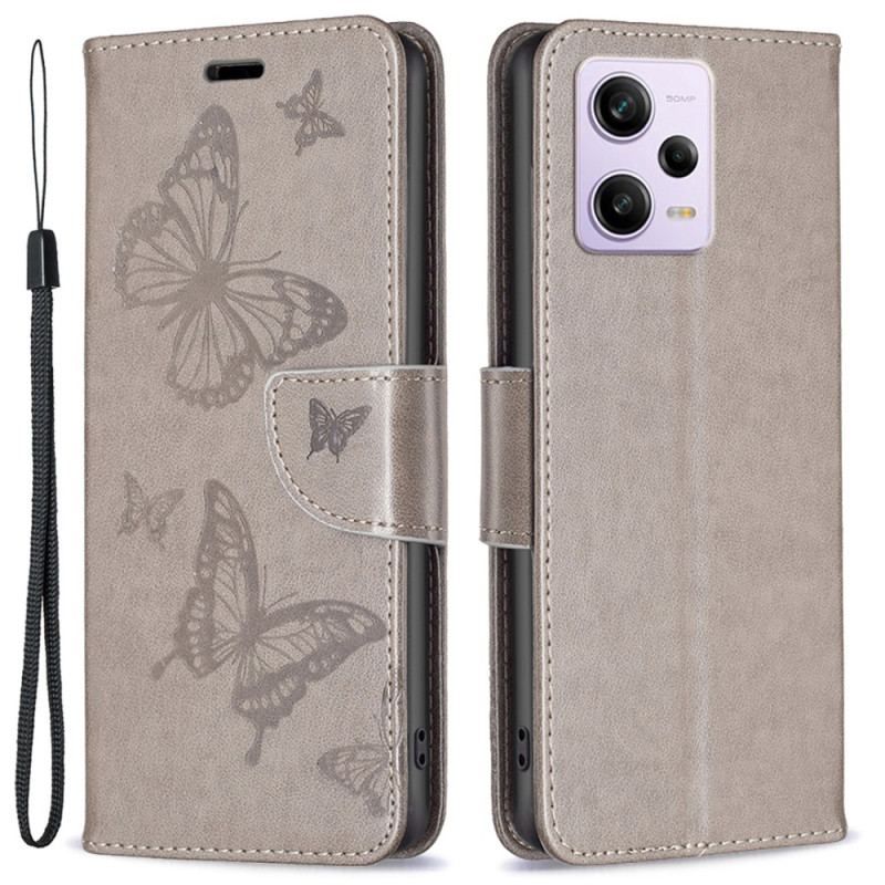 Flip Cover Xiaomi Redmi Note 12 Pro Med Snor Sommerfugle Trykt Strappy