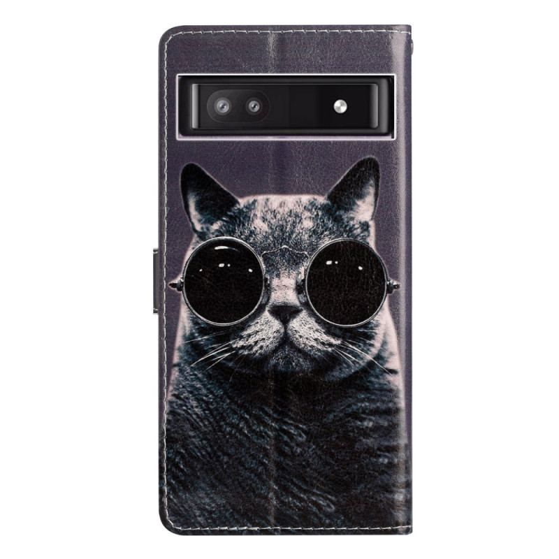 Læder Cover Google Pixel 7A Med Snor Strappy Cat Briller