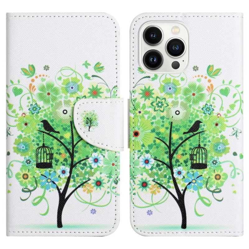 Læder Cover iPhone 14 Pro Grønt Træ