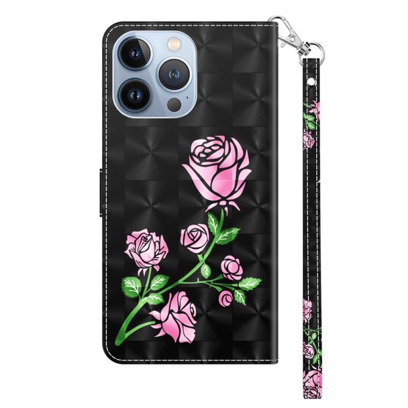 Læder Cover iPhone 14 Pro Med Snor Rem Roses